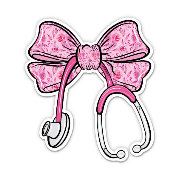 Stethoscope Pink Coquette Bow Sticker - for Water Bottle Phone Car Tumbler Laptop - RN Nurse Decal - Waterproof Vinyl - 3"