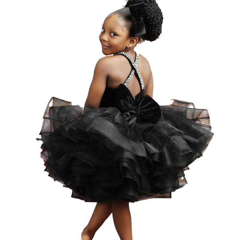 Glitter Crystal Girls Pageant Puffy Ball Gowns Kids Princess Tutu Crossed Straps Dresses