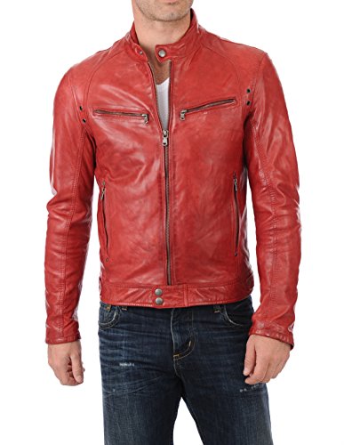 Image of D DOLLY LAMB Men's Lambskin Leather Bomber Biker Jacket - Winter Wear - Round Collar