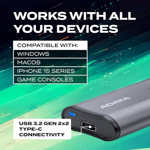 Image of ADATA SE880 1TB External Solid State Drive /SSD, USB 3.2 Gen 2x2 Type-C, Fast Speeds of up to 2000 MB /s - AELI-SE880-1TCGY (Titanium Gray) | Secure and Fast Data Transmission, Safe Data Storage, Supports Gaming Consoles, USB-C Port, AELI-SE880-1TCGY