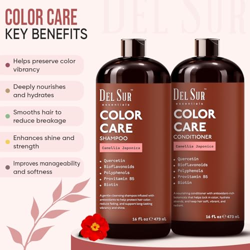 Image of DEL SUR Color Safe Shampoo and Conditioner Set for Color Treated Hair | Camellia Japonica, Quercetin & Biotin | Anti-Frizz & Hydrating | 16 fl oz Each