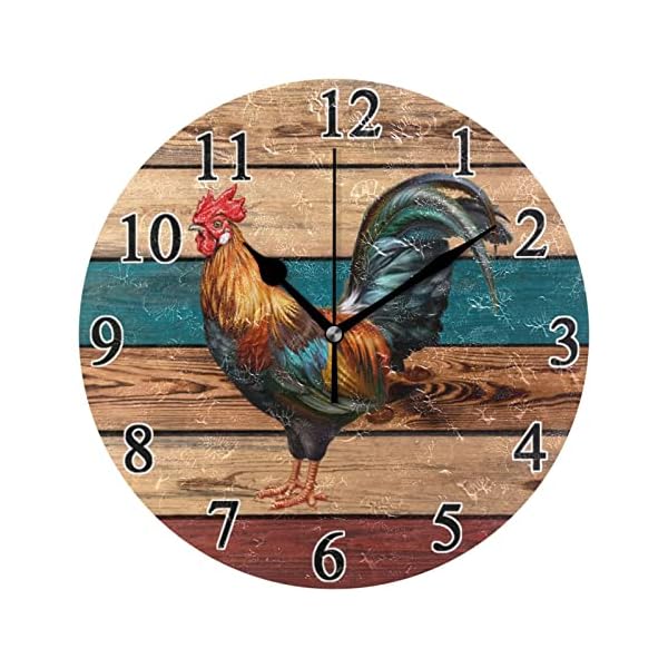 BOENLE Rooster Farmhouse Wall Clock Round Kitchen Clock 10 in Non-Ticking Silent Battery Operated Quartz Atomic Analog Clocks Decorative Living Room Bedroom Home Art Decor