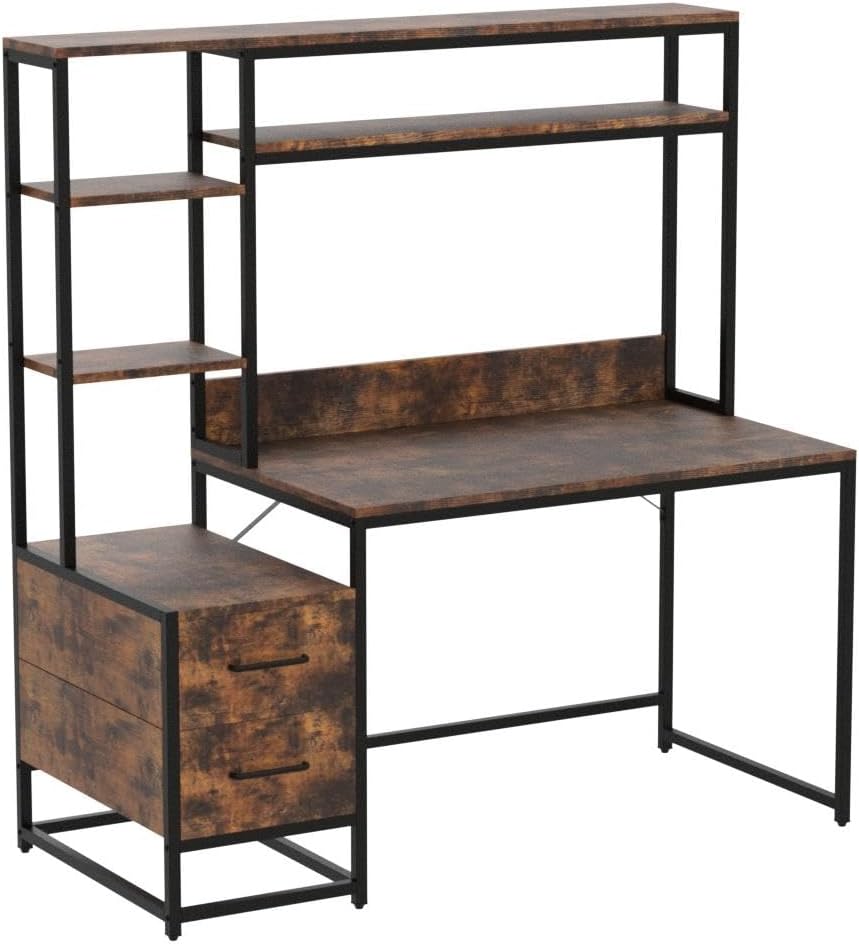 Tribesigns 55 Inch Computer Desk with 2 Drawers and Storage Shelves, Rustic Office Desk with Hutch, Study Writing Gaming Table Laptop Workstation for Home Office (Brown)