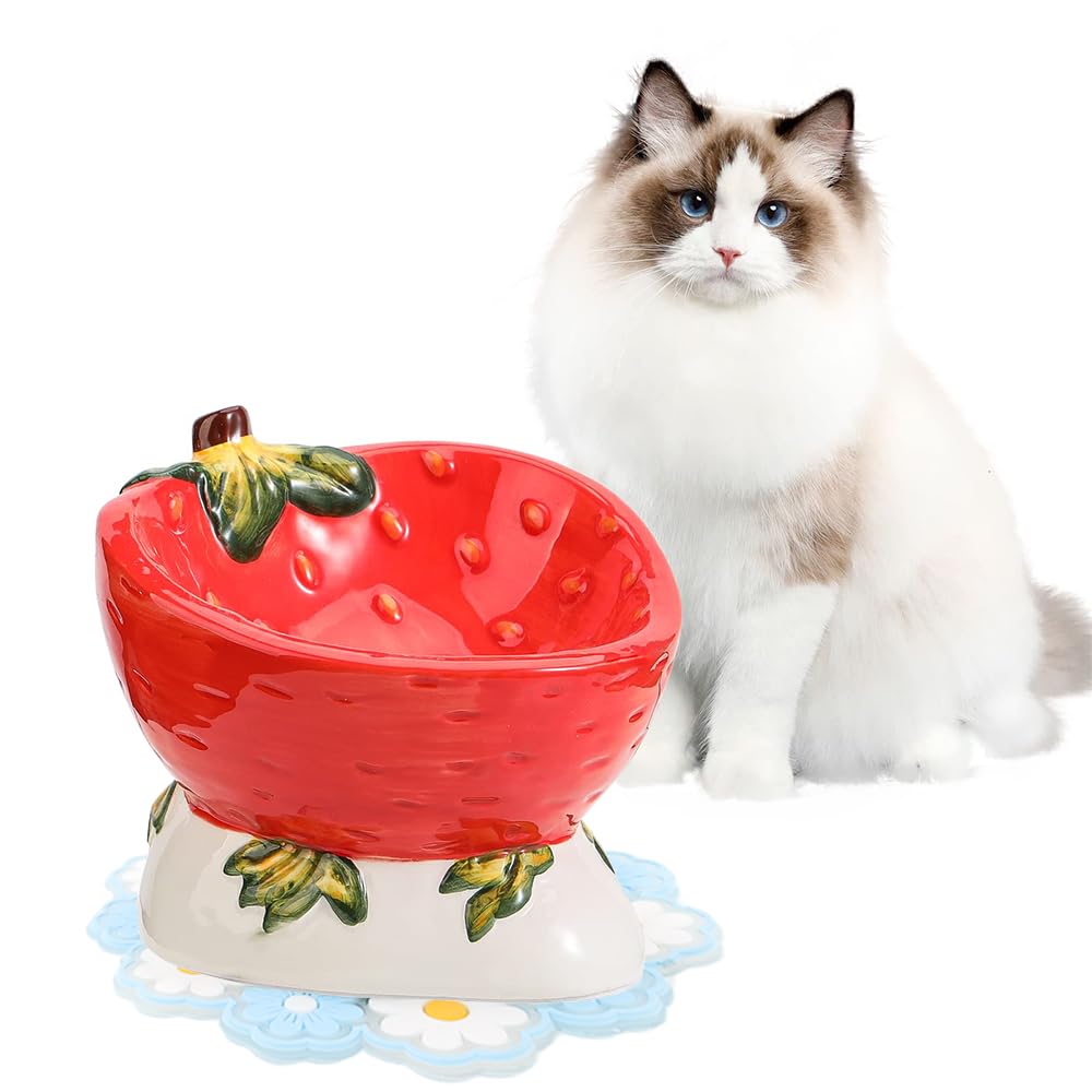 Monirf Fruit Series Ceramic Elevated Cat Bowl, Tilted Raised Cat Food Bowl, Anti Vomiting and Whisker Friendly Cat Feeding Bowl for Cats and Small Dogs (Strawberry)