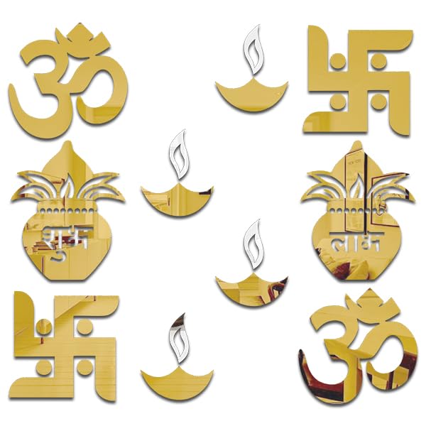 Bikri KendraBikri Kendra - Kalash Combo 3D Acrylic Mirror Wall Sticker, Shubh Labh Wall Mirror Stickers Acrylic Stickers Wall Stickers for Hall, Room, Kitchen (Golden)
