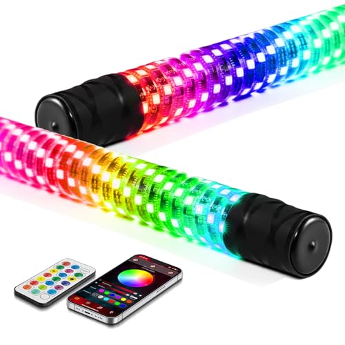 Auxbeam 2PCS 2.2FT RGB LED Whip Lights Bluetooth APP & Remote Control Fat Whip Lights w/Brake and Turn Signal Light Compatible with Side by Side UTV ATV RZR SXS Boat Waterproof 1-Year Warranty