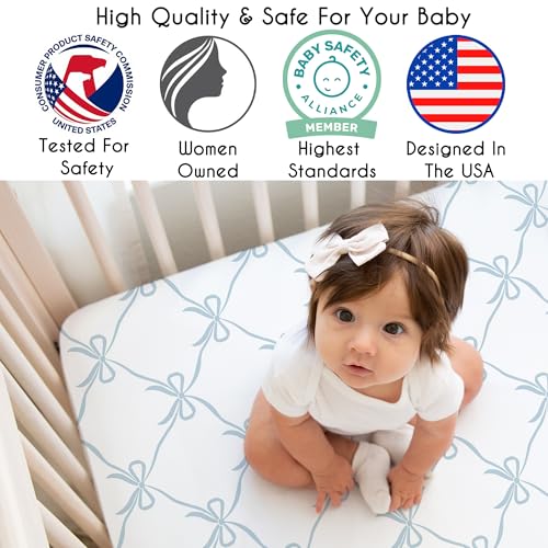 Image of Sweet Jojo Designs Fitted Baby Crib Sheets (Blue Bows) for Girls, Infant Nursery, Toddler Room - Standard Size (Tiffany and White Bow for The Ballerina Ballet Collection, Vintage Coquette Aesthetic)