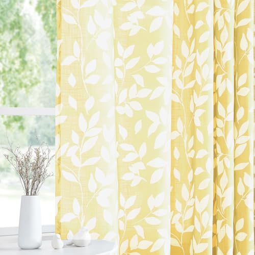 Image of Treatmentex Semi-Sheer Curtains for Living Room Windows 95 inch Long White and Yellow Leaf Print Curtains for Girl's Room, Bedroom Grommet Top Curtain Panels, Mustard Yellow, 1 Pair