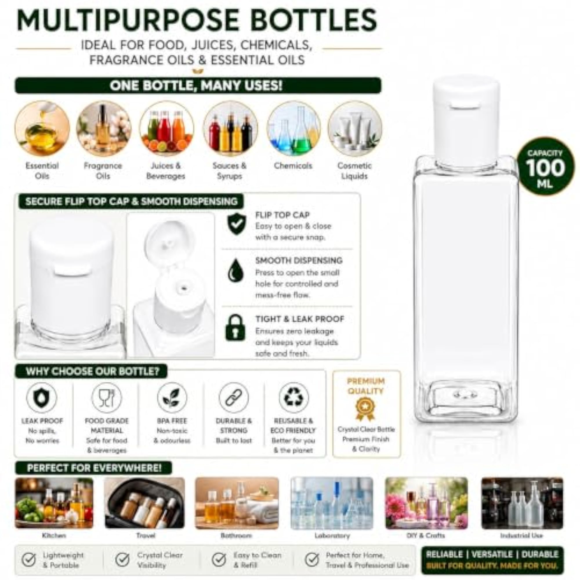 Brindya 100ml Transparent Refillable Plastic Flip Top Bottle