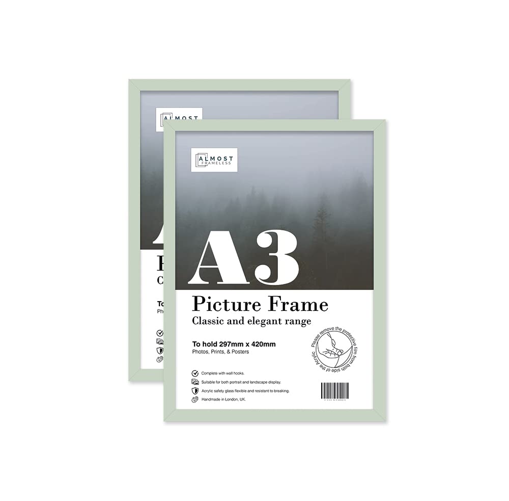 Almost Frameless A3 Mint Green Picture Frame Set of 2, Display A3 Picture Gallery Wall, Poster, Photo, Artwork, or Print, Mint Green