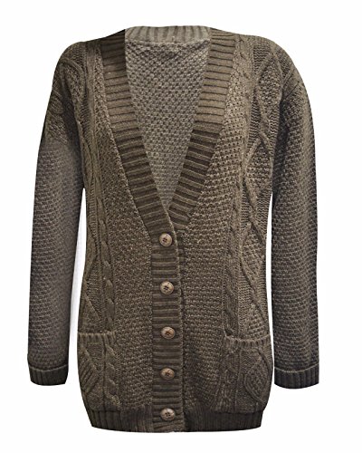 New Womens Everyday Long Sleeve Button Top Ladies Chunky Aran Cable Knit Grandad Cardigan Dark Brown Size 12 – 14