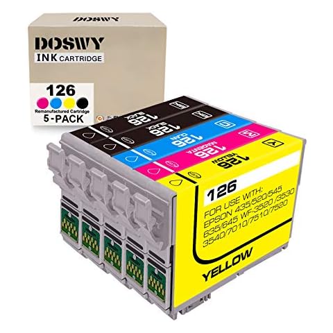 Doswy 5 Pack T126 Remanufacture Ink Cartridge Replacement for Epson 126 T126 for Workforce 435 520 545 635 645 845 WF-3520 WF-3530 WF-3540 WF-7010 WF-7510 WF-7520 (2 Black 1 Cyan 1 Magenta 1 Yellow) Cover