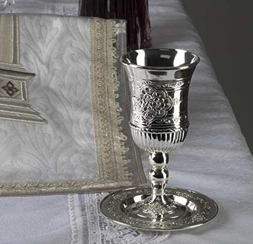 Ner Mitzvah Tall Kiddush Cup And Tray - Premium Quality Silver Plated Goblet With Stem - Shabbat And Havdalah Goblet - Judaica Shabbos And Holiday Gift #TOP3