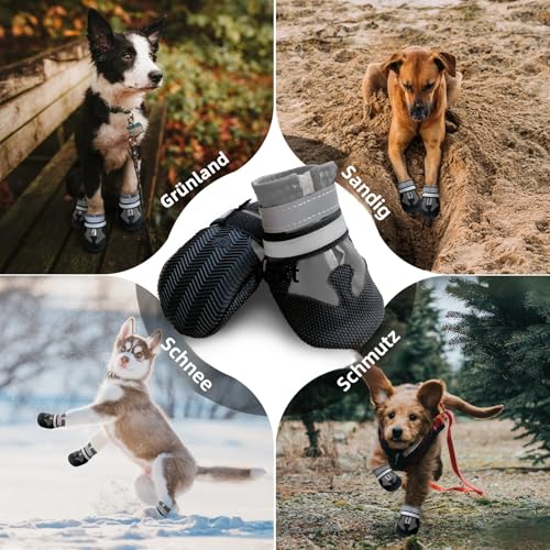 Muecleao Hundeschuhe Pfotenschutz, 4 Stück Wasserdicht Anti-Rutsch Hundestiefel mit Rutschfester Sohle und reflektierendem Klettverschluss, Schuhe für kleine, Mittlere und Große Hunde (Grau, XL)