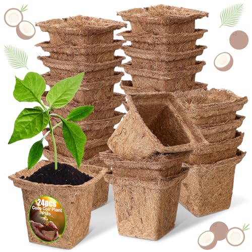 RimCereal 24pcs Coco Coir Plant Pots Biodegradable Seed Starter Cups, Coco Peat Seedling Cups Plant Nursery Cup Organic Coir Peat Pots for Seedlings, Herbs, Indoor/Outdoor Gardening
