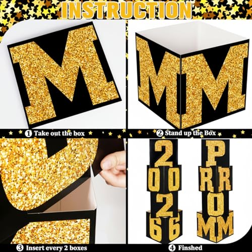 Queekay 8 Pcs Prom Column Standup Photo Booth Decorations 2026 Prom Backdrop Balloon Boxes Cardboard Decoration Column for Party College, 11.8 x 44.9 Inch(Gold, Black) by Queekay - Image 3