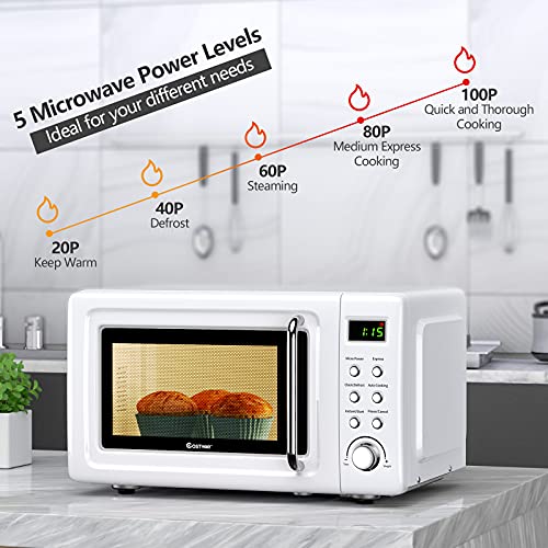 Costway Retro Countertop Microwave Oven, 0.7Cu.ft, 700-Watt, High Energy Efficiency, 5 Micro Power, Delayed Start Function, With Glass Turntable & Viewing Window, Led Display, Child Lock (White) #TOP3