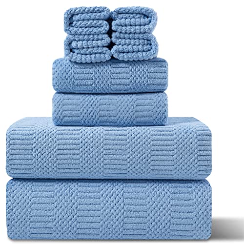 8 Piece Oversized Bath Towels Set Blue,2 Extra Large Bath Towel Sheets,2 Hand Towels and 4 Washcloths 600 GSM Highly Absorbent Quick Dry Towels Set for Bathroom Hotel