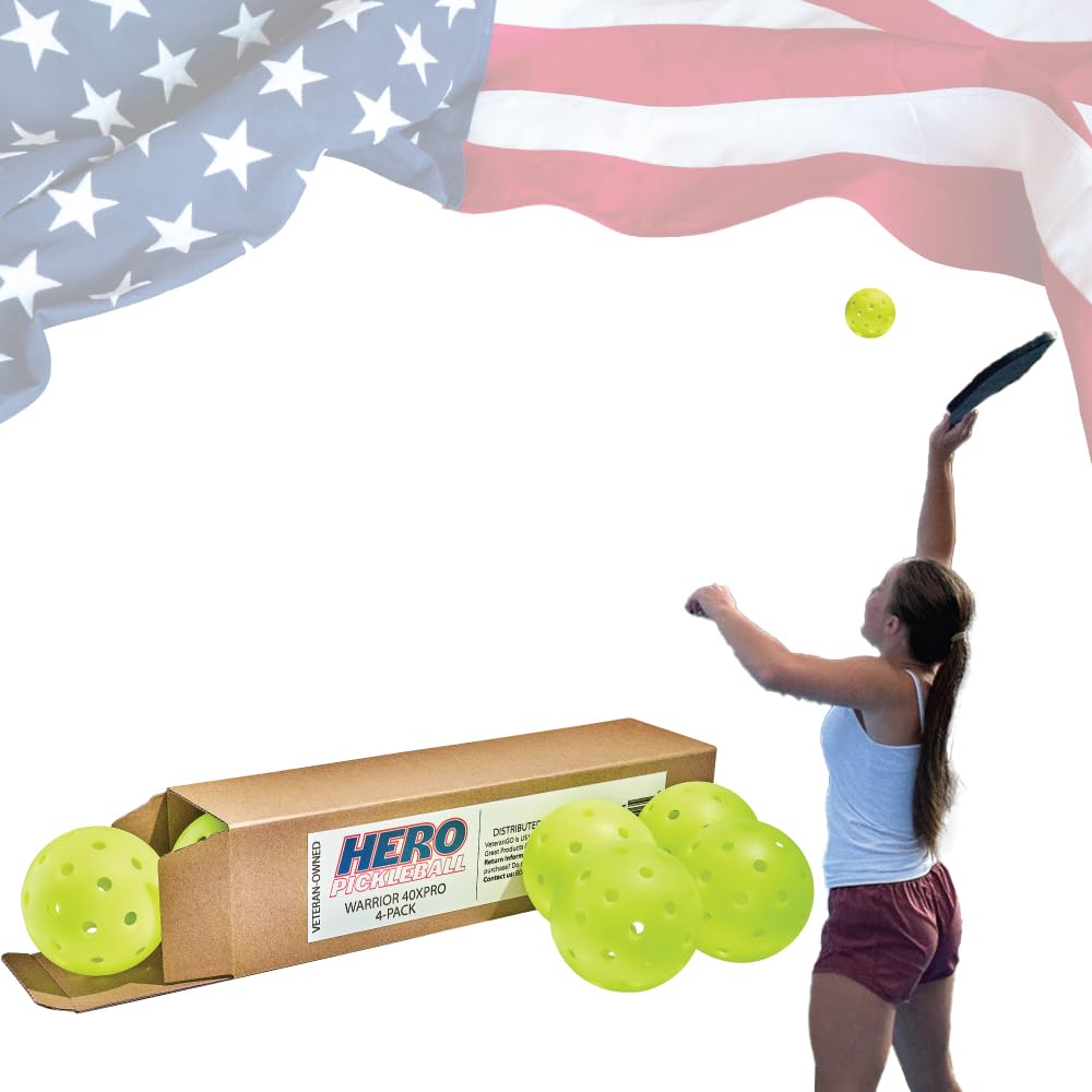 Hero Pickleball Warrior 40XPRO Veteran Owned - Durable Balls. Meets USA Pickleball Requirements. Works with All Paddles. Consistent Flight & Spin - 40 Machine-Drilled Holes