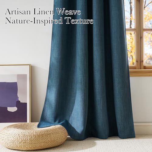 Image of NICETOWN Short Faux Linen Stone Blue Blackout Curtains 63 inches Long for Kitchen - Privacy Panels for Living Room Bedroom, Modern Farmhouse Style Easy Care Grommet Top, 2 Panels, W42 by L63