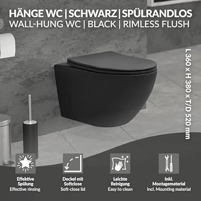 ECD Germany Hänge-WC lang, spülrandlos, schwarz matt, Wand-WC mit WC-Sitz abnehmbar aus Duroplast Softclose Absenkautomatik, Tiefspüler langer Ausladung 52 cm, Toilette aus Sanitärkeramik, Tiefspül-WC – Bild 3
