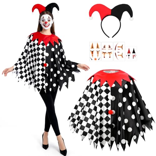 3 peças Dia das Bruxas disfarce palhaço mulher homem, diadema Arlequin tatuagem faciais poncho de bobou, disfarce Arlequin mulher disfarces de palhaço carnaval Halloween máscara festa temática cosplay