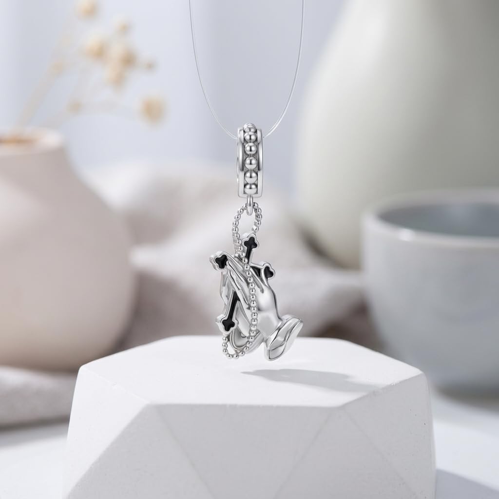 Praying Hands Charm S925 Sterling Silver Praying Hands Charm for Bracelets Christian Cross Jewelry Gifts for Women