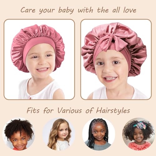 2Pcs Baby Silk Satin Bonnet for Kids Sleeping Cap - Elastic Wide Band Hair Bonnets,Ajustable Satin Bonnet with Tie3