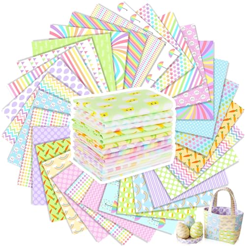 Tatuo 30 Pieces 10 x 10 Inches Easter Cotton Fabric Bundle Squares Patchwork Pastel Fabric Sewing Quilting Bundles Assorted Pattern Cloth for DIY Scrapbook Craft Making