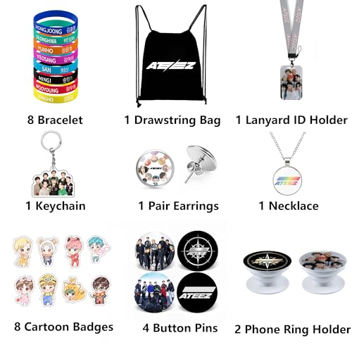 Kpop Gifts Set for Ateez, Including Drawstring Bag Backpack, Necklace, Earrings, Bracelets, Button Pins, Lanyard ID Holder, Keychain, Phone Ring Holder, Cartoon Badge2
