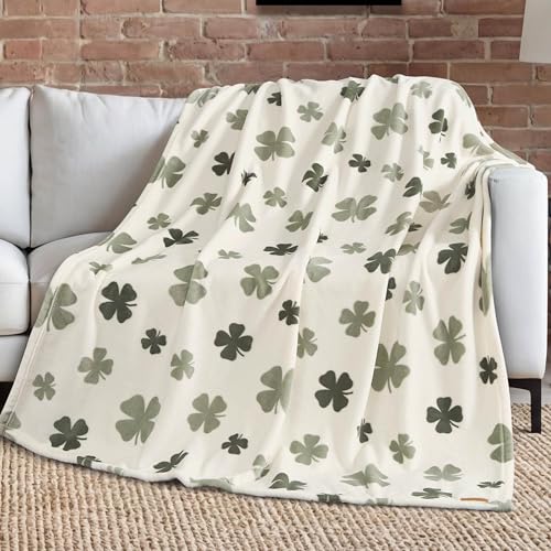 Lucky Brand 50" x 70" Plush Throw Blanket, Clover Toss Ivory Blanket for Sofa or Bed