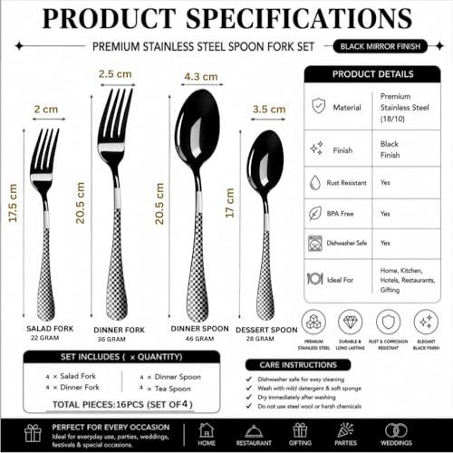Image of Classic Black 16 Pcs Stainless Steel Cutlery Set for Dining Table, Dishwasher Safe Glossy Flatware (Perfect Spoon Fork Set)