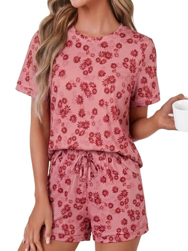 Image of LYANER Pajama Set for Women 2 Piece Lounge Set Striped Crew neck Short Sleeve Tops and Shorts Soft Sleepwear