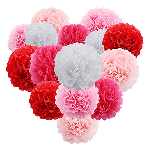 Lot de 15 Pompon Papier de Soie Rose Pompom Fleur Decoration PomPons en Papier de Soie à Suspendre pour Fête, Mariage, Anniversaire, Noël, Festival, Décoration de Chambre - Rose Cover