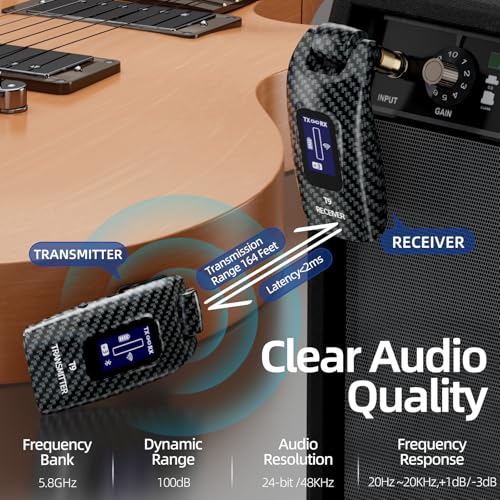 Sistema inalámbrico para guitarra T9, transmisor y receptor de audio inalámbrico para guitarra, bajo e instrumentos eléctricos, conectores de 1/4" y 1/8", pantalla LCD, Bluetooth, volumen ajustable, 5 horas de autonomía miniatura 3