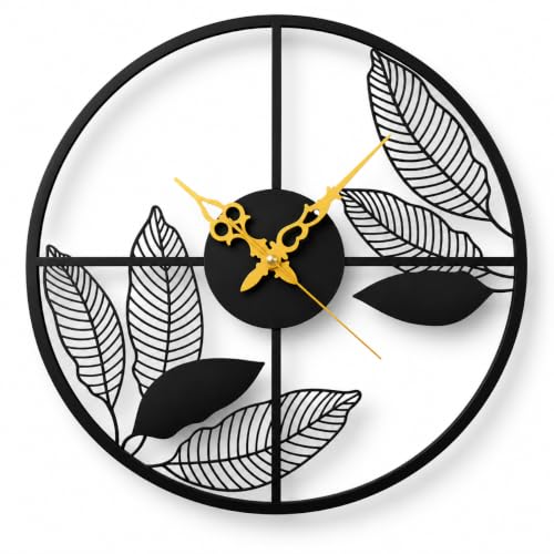 Image of 40 cm Leaf Metal Wall Clock, Black | Silent Non-Ticking, Skeleton Design, Modern Iron Analog, For Living Room, Bedroom, Hall, Office & Home Decor