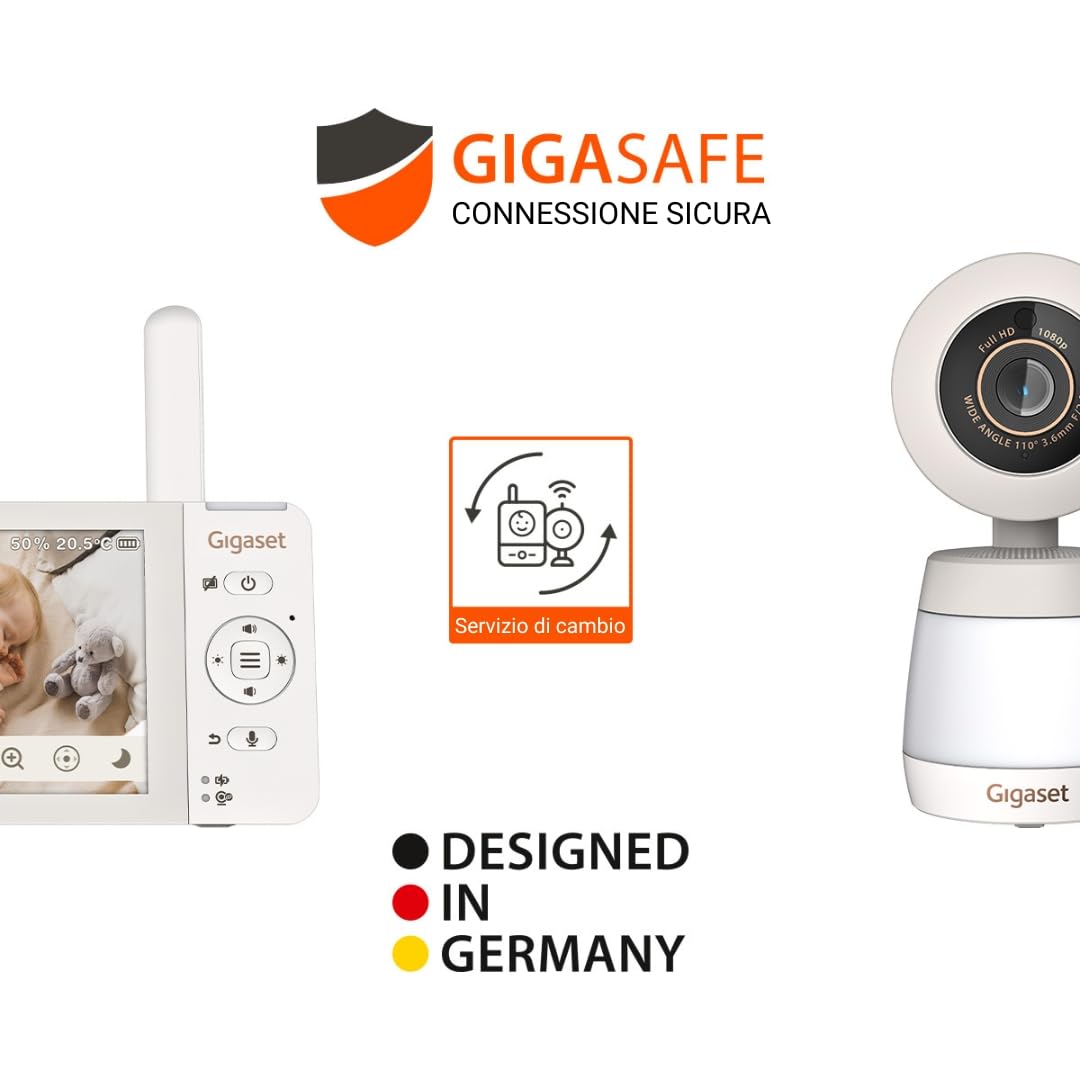 Gigaset BABY 700 Connected – Videocamera per bambini con touchscreen Full HD da 5,5" – Trasmissione sicura FHSS e WLAN–lunga durata della batteria-con app, Cream White/Warm [Versione Italiana]