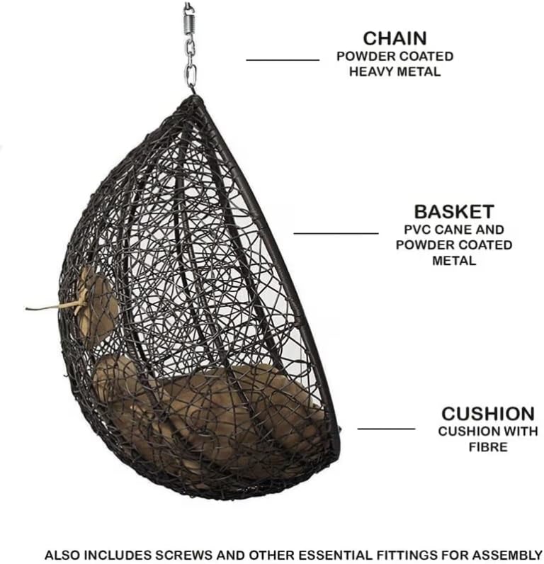 Image of Single Seater Swing Chair with Stand & Cushion Outdoor Indoor Balcony Garden Patio, Powder Coated Frame, UV-Protected Wicker, Premium Cushion, Swing Chair (Black-Coffee)