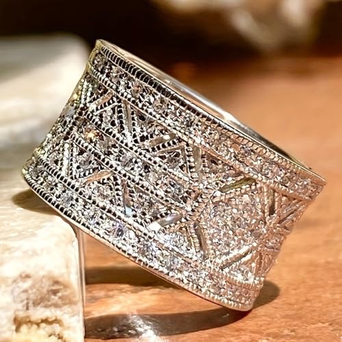 White Gold Plated Cubic Zirconia Stylish Wide Statement Ring Personalized Accessory Ideal for Women's Daily Casual Wear Party Holiday Anniversary Love Jewelry Gift3