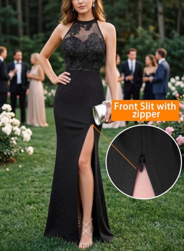 Image of VFSHOW Womens Formal Sexy Halter High Slit Prom Wedding Guest Maxi Dress 2023 Illusion Sweetheart Neckline Evening Long Gown