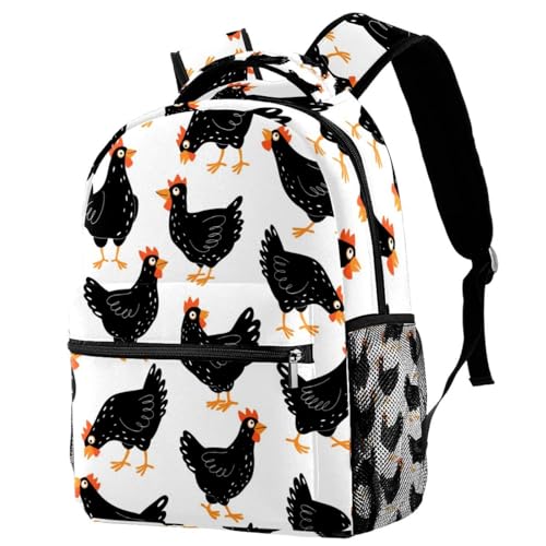 Sac à dos d'école robuste anti-usure motif poules noires pour ranger toutes ses affaires