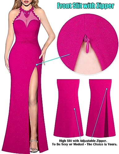 Image of VFSHOW Womens Formal Halter Keyhole Back Prom Gala Maxi Dress Evening Gown | Sexy Illusion Sweetheart Neck, High Slit, Wedding Guest, Applique, Twist Front Mermaid Dresses