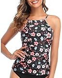 Tempt Me Women Pink Floral Tankini Top Only High Neck Bathing Suit Top Tummy Control Ruched Swimsuit Top Without Bottom M