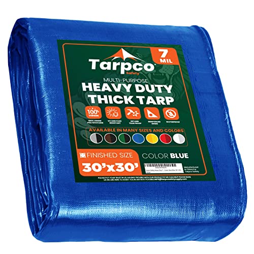 Image of Heavy Duty 7 Mil Tarp Cover, Waterproof, UV Resistant, Rip and Tear Proof, Poly Tarpaulin with Reinforced Edges for Roof, Camping, Patio, Pool Cover, Boat (Blue 30′ X 30′)