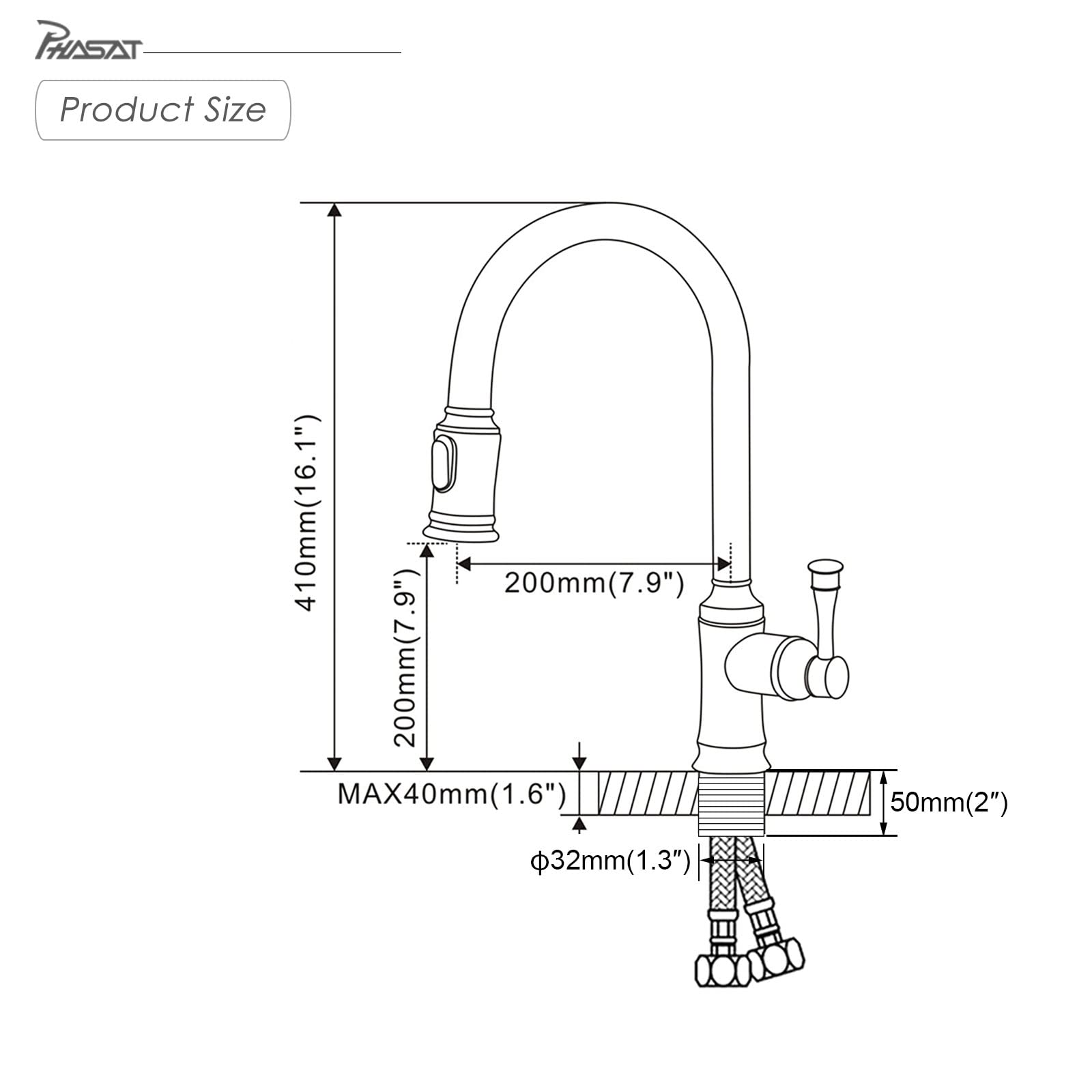 PHASAT Robinet Mitigeur de cuisine extensible avec douchette extensible à 360° 2 fonctions Robinet de cuisine ORB KZ06