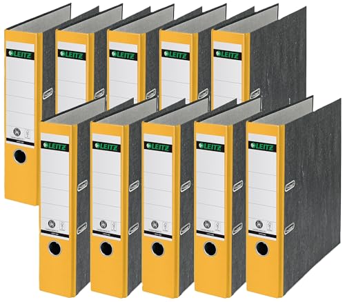 Leitz Qualitäts-Ordner, das Original, DIN A4 Aktenordner 8 cm breit, Wolkenmarmor-Papier, Recycling-Ordner, Blauer Engel, Mit 180° Mechanik, Höchste Stabilität (Breit, Gelb, 10 Stück)