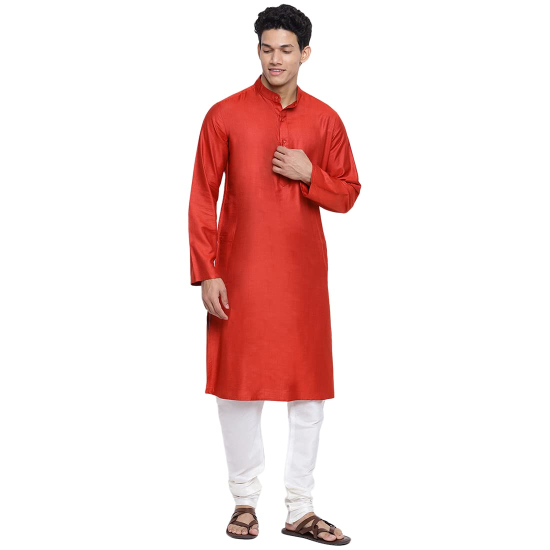 Men Viscose Ilk Chinese Collar Long Kurta Red
