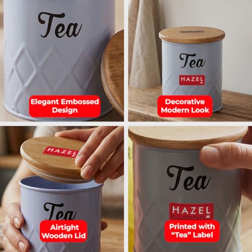 Image of HAZEL Tea Storage Container with Wooden Lid Metal Airtight Canister, 500ml