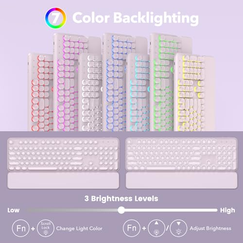 Image of Wireless Keyboard and Mouse Combo, Backlit Round Keycaps, Retro Typewriter Keyboard with Magnetic Wrist Rest, USB-C Rechargeable & Tilt Legs, 2.4GHz Cordless for Mac Windows PC (Glowing Pastel Purple)