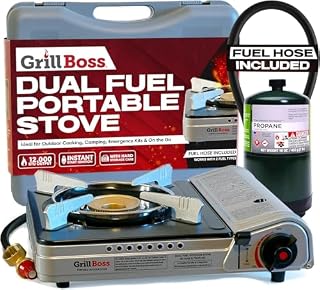 Chef Master Grill Boss Dual Fuel Camping Stove, Butane & Propane, 12000 BTU | Single Burner Gas Cooker, Propane Adapter Included, Works Below Freezing, Double Wind Guard, Piezo Ignition, Hiking, 90057